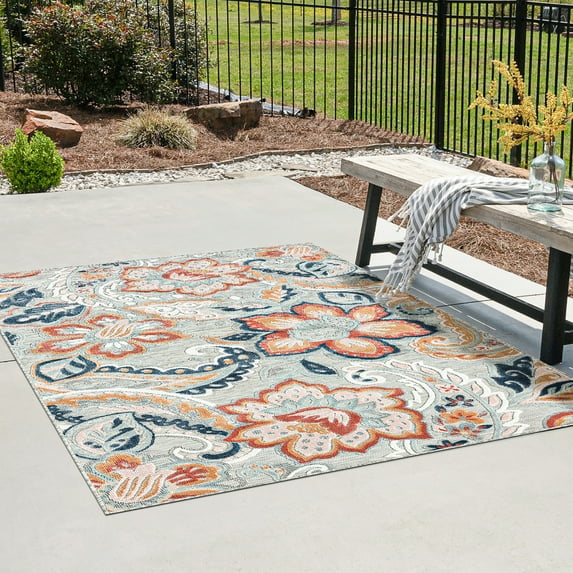 8x10 Water Resistant, Large Indoor Outdoor Rugs for Patios, Front Door Entry, Entryway, Deck, Porch, Balcony | Outside Area Rug for Patio | Gray, Floral | Size: 7'7'' x 10'3''