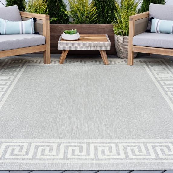8x10 Water Resistant, Large Indoor Outdoor Rugs for Patios, Front Door Entry, Entryway, Deck, Porch, Balcony | Outside Area Rug for Patio | Gray, Greek Key | Size: 7'10'' x 10'2''