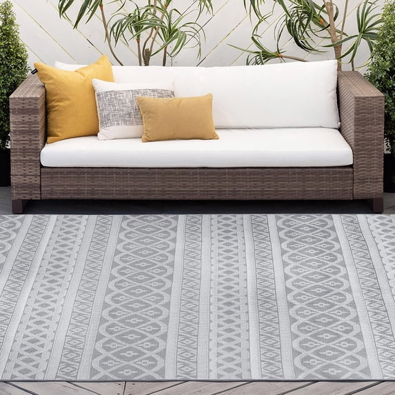 8x10 Water Resistant, Large Indoor Outdoor Rugs for Patios, Front Door Entry, Entryway, Deck, Porch, Balcony | Outside Area Rug for Patio | Gray, Stripe | Size: 7'11'' x 10'3''