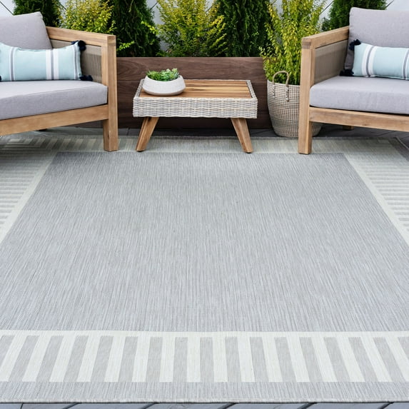 8x10 Water Resistant, Large Indoor Outdoor Rugs for Patios, Front Door Entry, Entryway, Deck, Porch, Balcony | Outside Area Rug for Patio | Gray, Striped Border | Size: 7'10'' x 10'2''