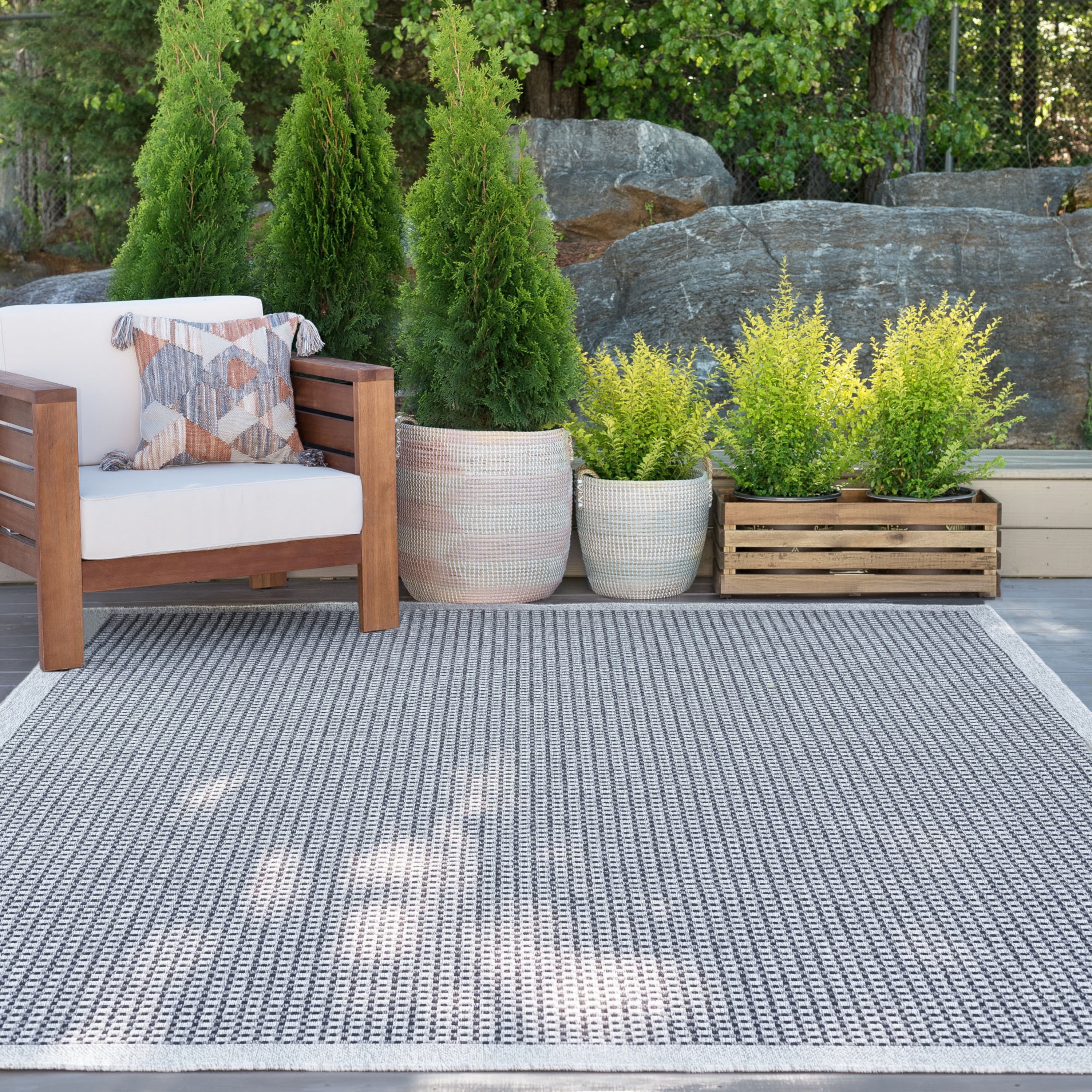 8x10 Water Resistant, Large Indoor Outdoor Rugs for Patios, Front Door Entry, Entryway, Deck, Porch, Balcony | Outside Area Rug for Patio | Light Gray, Basketweave | Size: 7'10'' x 10'2''