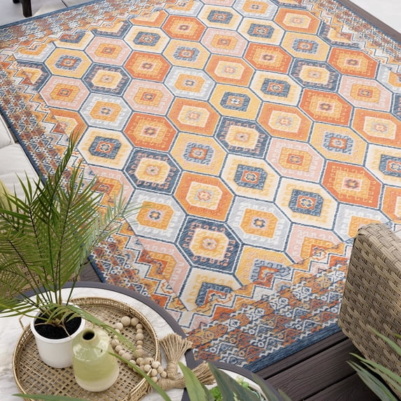 8x10 Water Resistant, Large Indoor Outdoor Rugs for Patios, Front Door Entry, Entryway, Deck, Porch, Balcony | Outside Area Rug for Patio | Multi-Color, Geometric | Size: 7'11'' x 10'3''