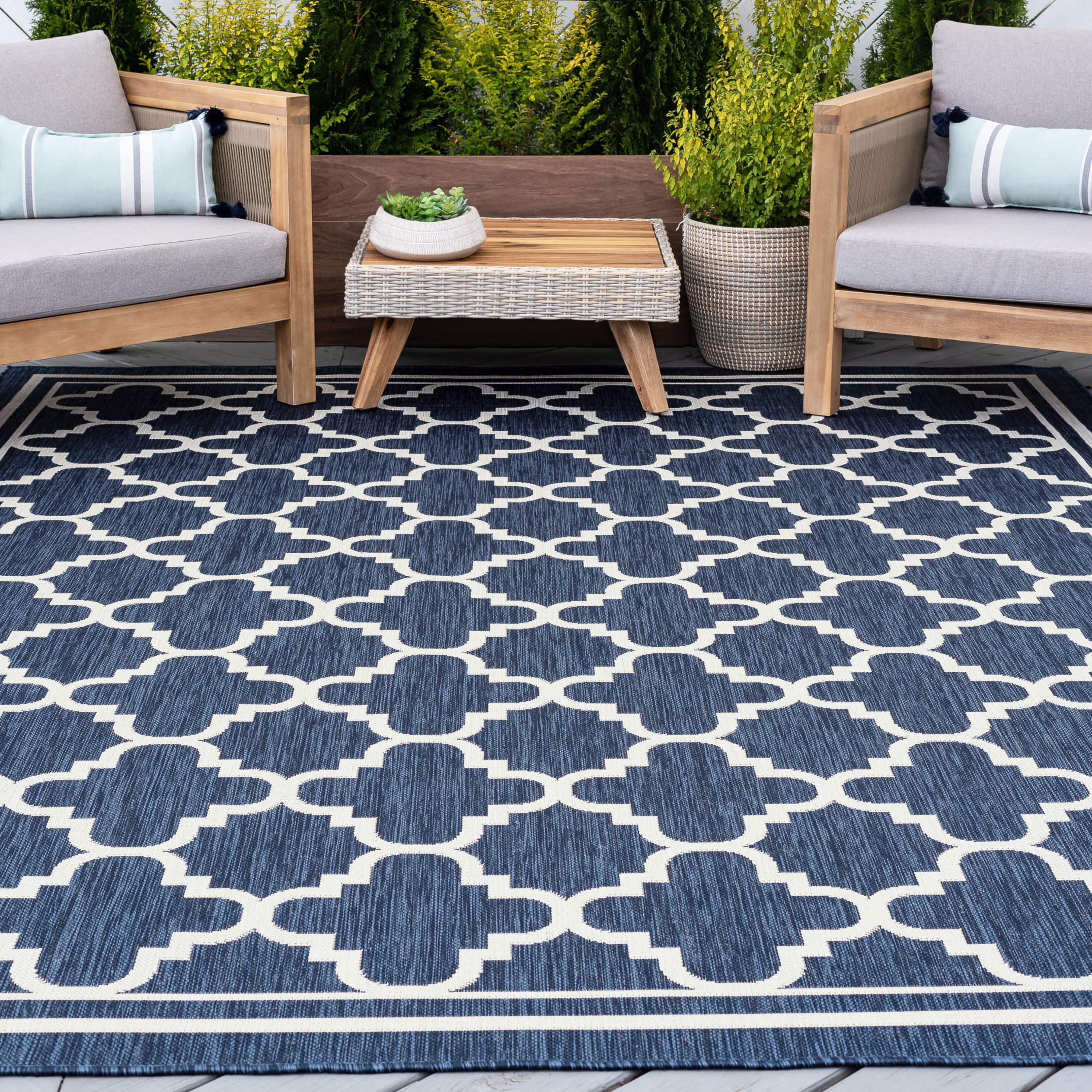 8x10 Water Resistant, Large Indoor Outdoor Rugs for Patios, Front Door Entry, Entryway, Deck, Porch, Balcony | Outside Area Rug for Patio | Navy, Geometric | Size: 7'10'' x 10'2''