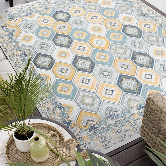 8x10 Water Resistant, Large Indoor Outdoor Rugs for Patios, Front Door Entry, Entryway, Deck, Porch, Balcony | Outside Area Rug for Patio | Navy, Geometric | Size: 7'11'' x 10'3''