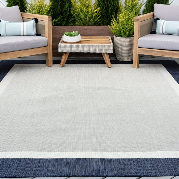 8x10 Water Resistant, Large Indoor Outdoor Rugs for Patios, Front Door Entry, Entryway, Deck, Porch, Balcony | Outside Area Rug for Patio | Navy, Solid Border | Size: 7'10'' x 10'2''