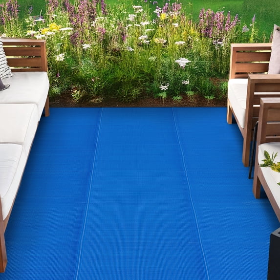 8x10 Waterproof, Reversible Plastic Straw Outdoor Rugs for Patios | Also for Camping, RV, Deck, Porch, Balcony, Camp, Patio | Blue, Solid | Size: 7'11'' x 10'3''