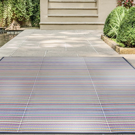 Luna Contemporary Stripe Multicolor Polypropylene Reversible Plastic Straw Outdoor Area Rug, 7'11'' x 10'3'' Rectangle