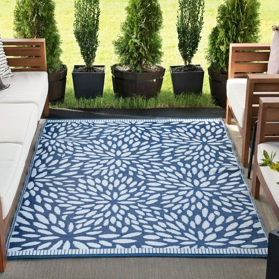 8x10 Waterproof, Reversible Plastic Straw Outdoor Rugs for Patios | Also for Camping, RV, Deck, Porch, Balcony, Camp, Patio | Navy, Floral | Size: 7'10'' x 10'2''