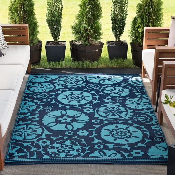 8x10 Waterproof, Reversible Plastic Straw Outdoor Rugs for Patios | Also for Camping, RV, Deck, Porch, Balcony, Camp, Patio | Navy, Floral | Size: 7'10'' x 10'2''