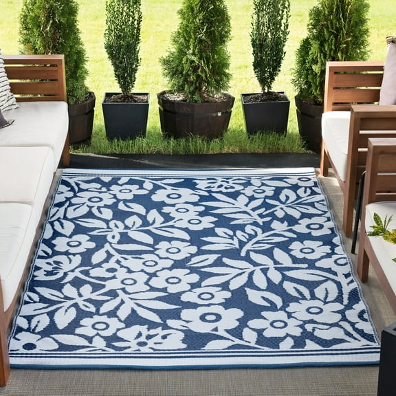 8x10 Waterproof, Reversible Plastic Straw Outdoor Rugs for Patios | Also for Camping, RV, Deck, Porch, Balcony, Camp, Patio | Navy, Floral | Size: 7'10'' x 10'2''