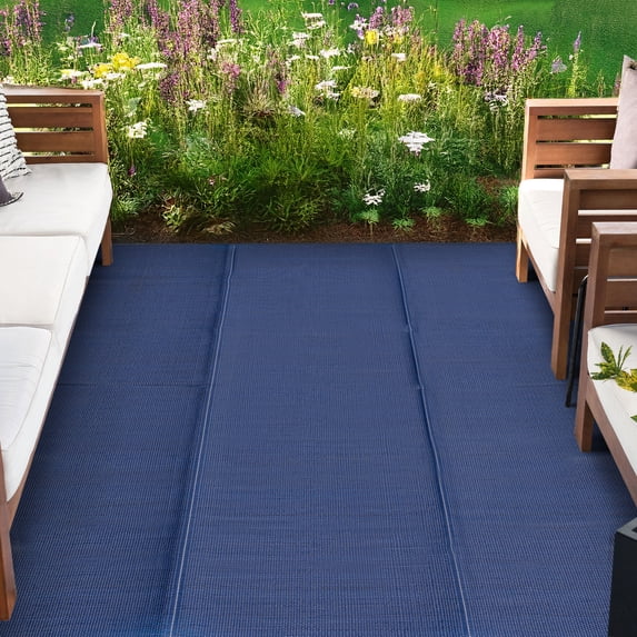 Luna Contemporary Solid Navy Polypropylene Reversible Plastic Straw Outdoor Area Rug, 8'x10' Rectangle