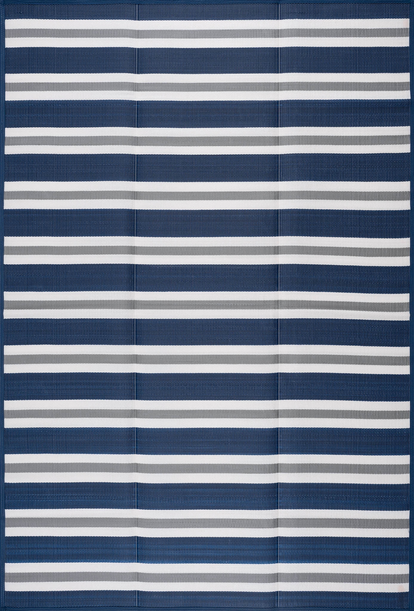 Luna Contemporary Stripe Navy and Gray Polypropylene Reversible Plastic Straw Outdoor Area Rug, 7'11'' x 10'3'' Rectangle