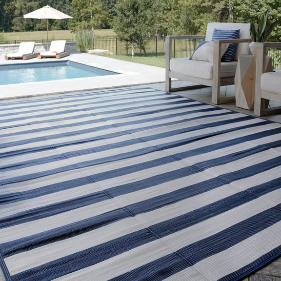 8x10 Waterproof, Reversible Plastic Straw Outdoor Rugs for Patios | Also for Camping, RV, Deck, Porch, Balcony, Camp, Patio | Navy, Stripes | Size: 7'11'' x 10'3''
