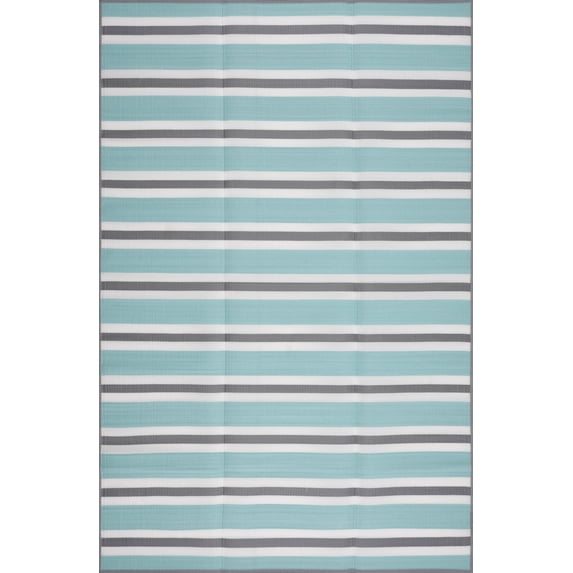 Luna Contemporary Stripe Sky and Gray Polypropylene Reversible Plastic Straw Outdoor Area Rug, 7'11'' x 10'3'' Rectangle