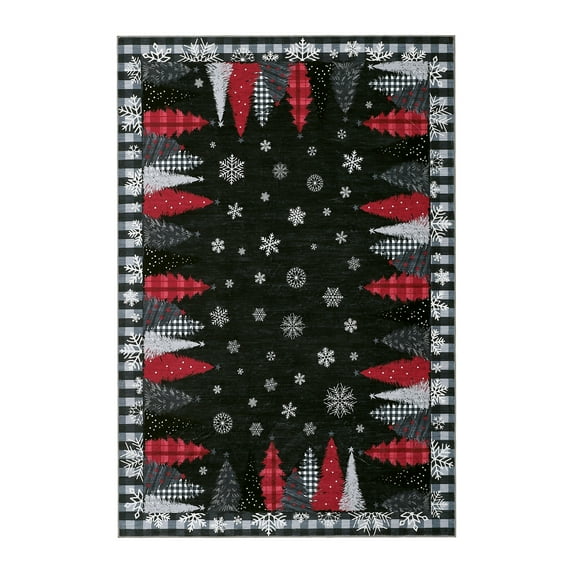 8x10 ft Black Christmas Area Rug, Tree Snowflake Checkered Print, Washable, Non-Slip, Holiday Living Room