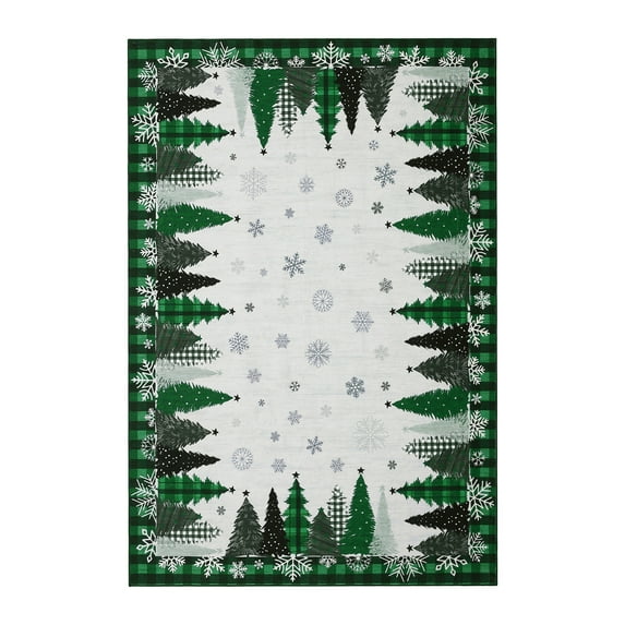 8x10 ft Green Christmas Area Rug, Tree Snowflake Checkered Print, Washable, Non-Slip, Holiday Living Room