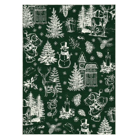 8x10 ft Green Christmas Area Rug, Tree Snowman Reindeer Print, Washable, Non-Slip, Holiday Indoor Living Room