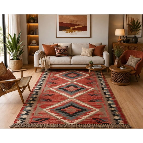 8x10 ft Handmade Kilim Area Rug, Extra Large Tribal Flat Weave Rug, Reversible Wool & Jute Carpet, Boho Geometric Pattern, Handmade Floor Covering for Living Room, Dining Room, Bedroom & Office