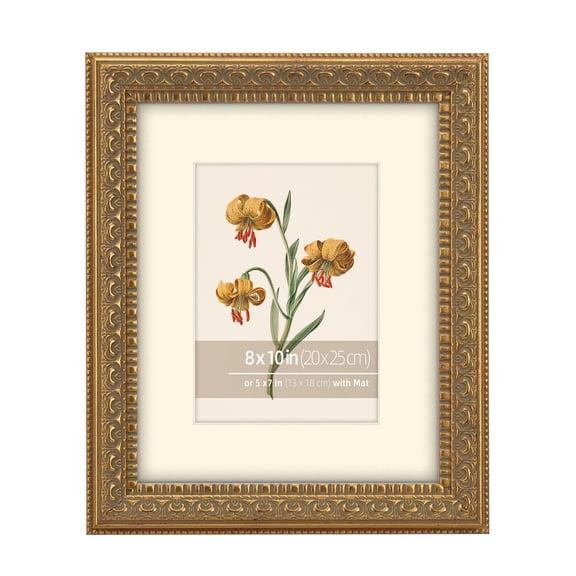 8x10 in Antique Gold Ornate Classic Picture Frame, Matted for 5x7 Photos, Real Glass Protection, Tabletop or Wall Mounting Display