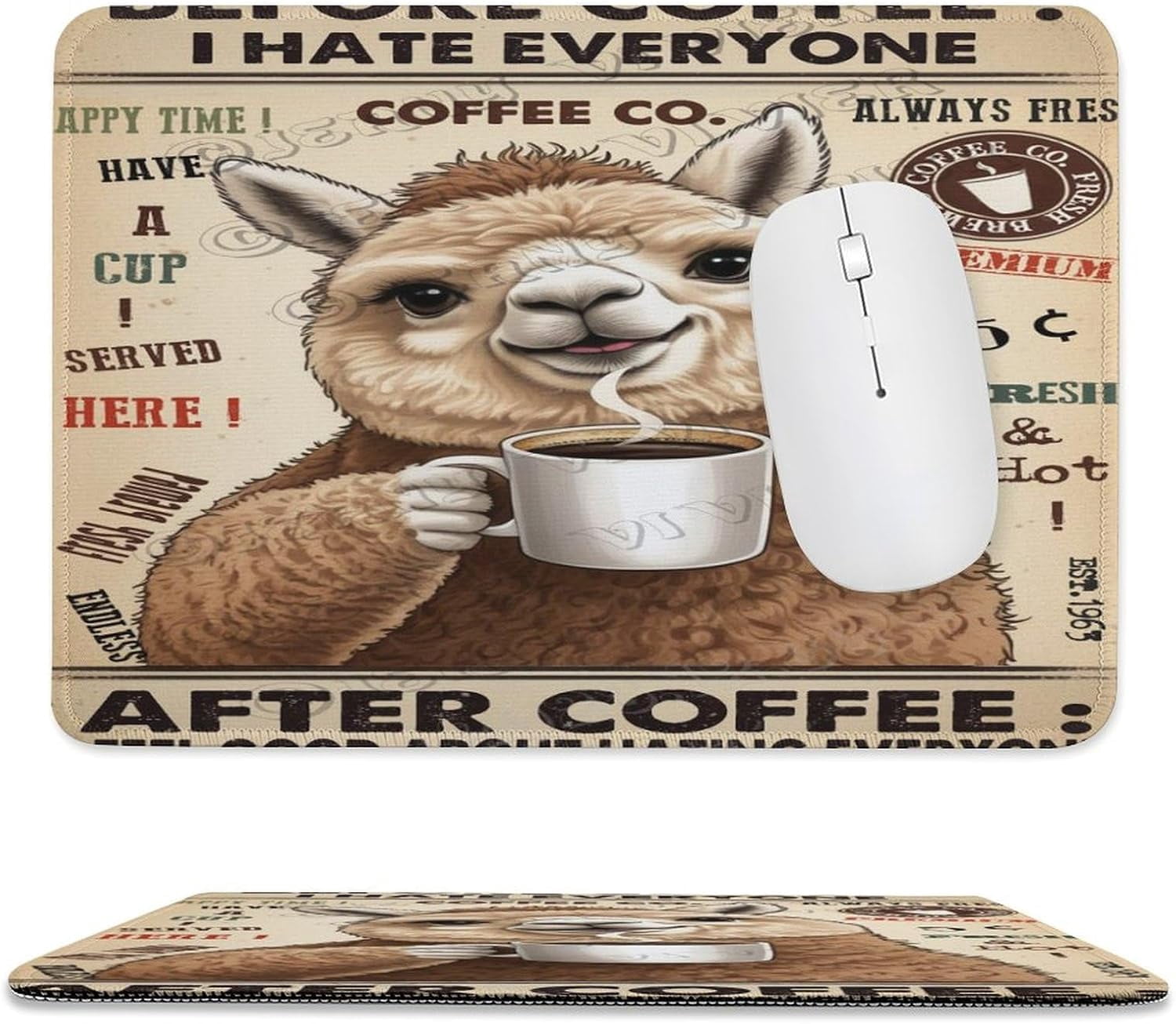 8x10 in Mouse Pad - Alpaca with Coffee, Non-Slip Base, Perfect for ...