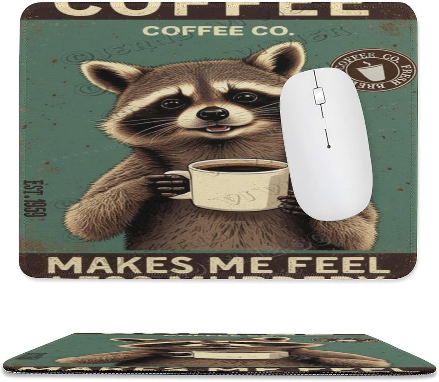 8x10 in Mouse Pad - Raccoon with Coffee, Non-Slip Base, Ideal for ...