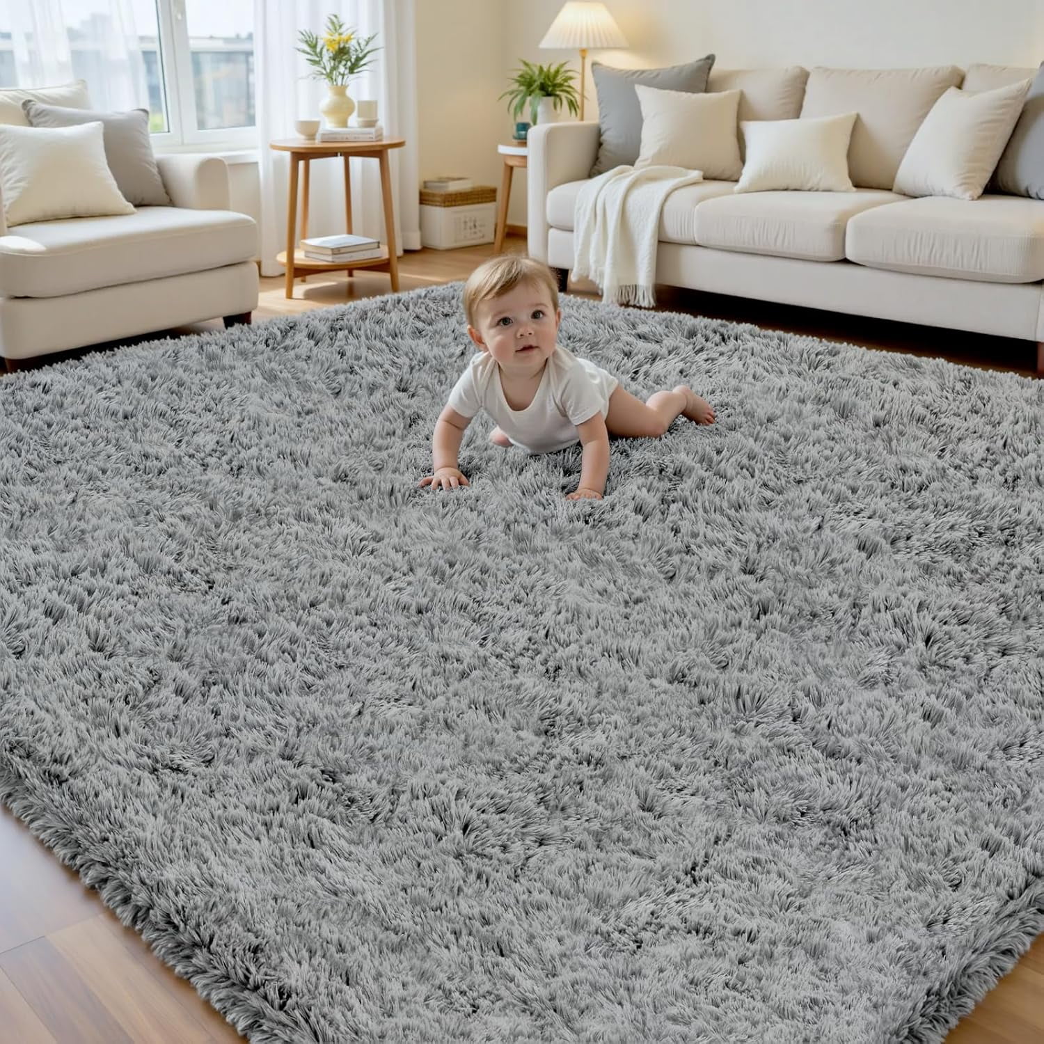 8x10 light Gray Fluffy Fuzzy Shag Area Rug for Living Room, Bedroom ...