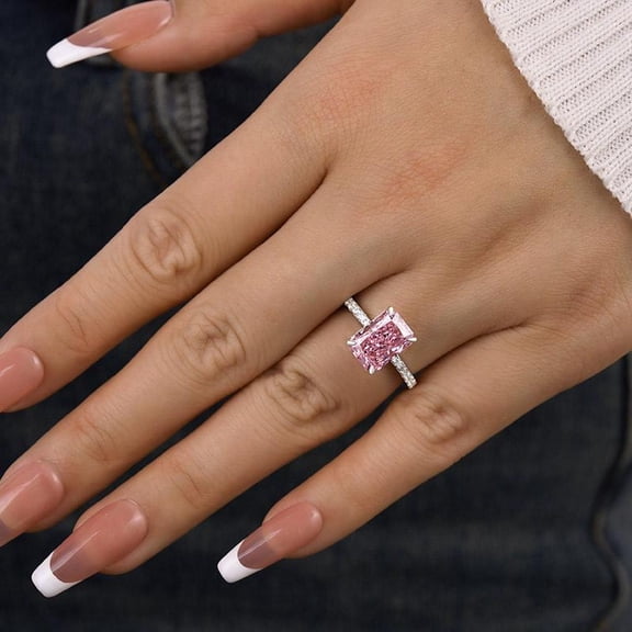 8x10 mm Radiant Cut Pink Engagement Ring 10K White Gold Hidden Halo, Personalized Bridal Jewelry, Wedding Gift for Women, Dainty Pave Band Set.