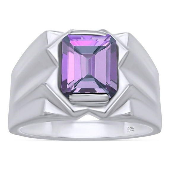 AFFY 8x10 mm Simulated Birthstone Men's Ring Alexandrite In 14K White Gold Plated 925 Sterling Silver. Ring Size 11.5