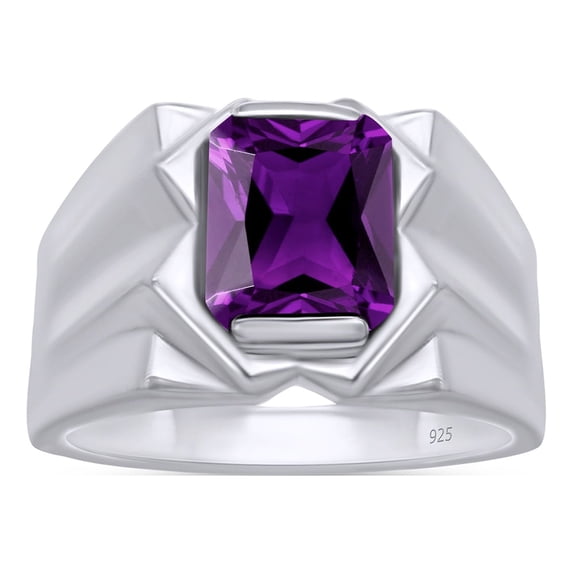 AFFY 8x10 mm Simulated Birthstone Men's Ring Amethyst In 14K White Gold Plated 925 Sterling Silver. Ring Size 11.5