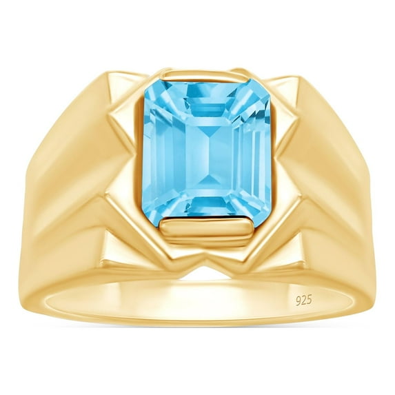 AFFY 8x10 mm Simulated Birthstone Men's Ring Blue Topaz In 14K Yellow Gold Plated 925 Sterling Silver. Ring Size 12