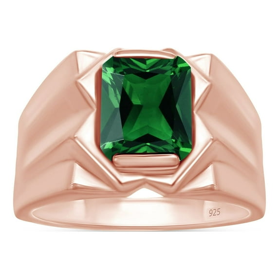 AFFY 8x10 mm Simulated Birthstone Men's Ring Emerald In 14K Rose Gold Plated 925 Sterling Silver. Ring Size 14
