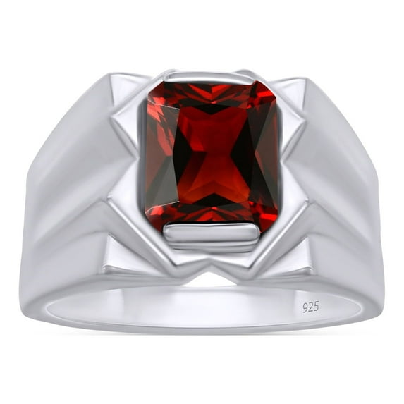 AFFY 8x10 mm Simulated Birthstone Men's Ring Garnet In 14K White Gold Plated 925 Sterling Silver. Ring Size 14