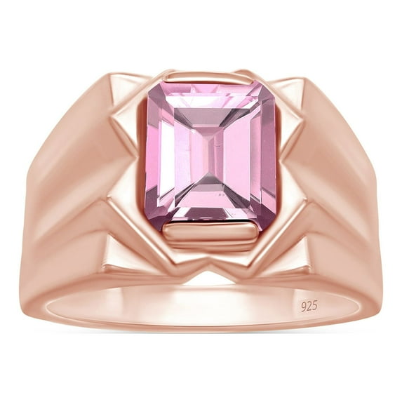 AFFY 8x10 mm Simulated Birthstone Men's Ring Pink Tourmaline In 14K Rose Gold Plated 925 Sterling Silver. Ring Size 10.5