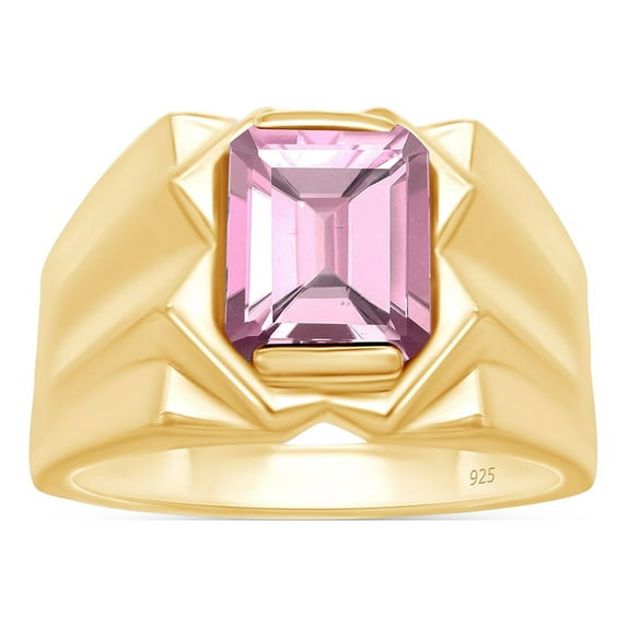AFFY 8x10 mm Simulated Birthstone Men's Ring Pink Tourmaline In 14K Yellow Gold Plated 925 Sterling Silver. Ring Size 7.5