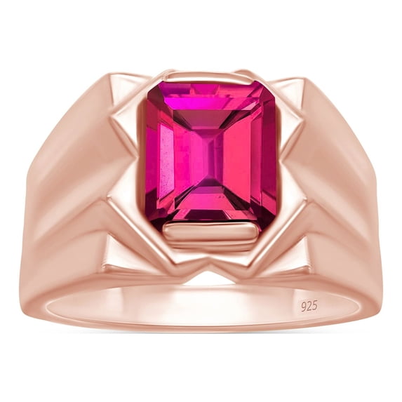 AFFY 8x10 mm Simulated Birthstone Men's Ring Ruby In 14K Rose Gold Plated 925 Sterling Silver. Ring Size 14