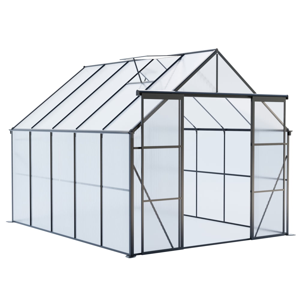 8x10FT Double Door Polycarbonate Greenhouse - Heavy-Duty Walk-In Design with Raised Base and Anchors. Perfect for Year-Round Gardening in Your Backyard. Stylish Black Finish for Every Season