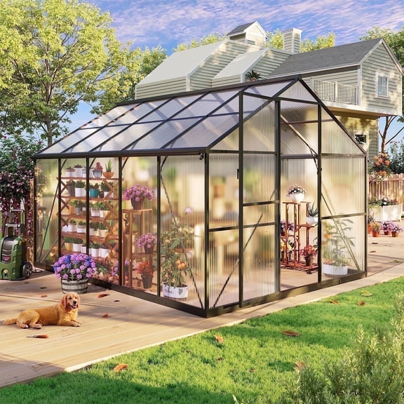 Sylviera 8x10ft Outdoor Walk-in Greenhouse, Heavy-Duty Polycarbonate Green House with Reinforced Aluminum Frame for Garden, Backyard, and Winter Planting