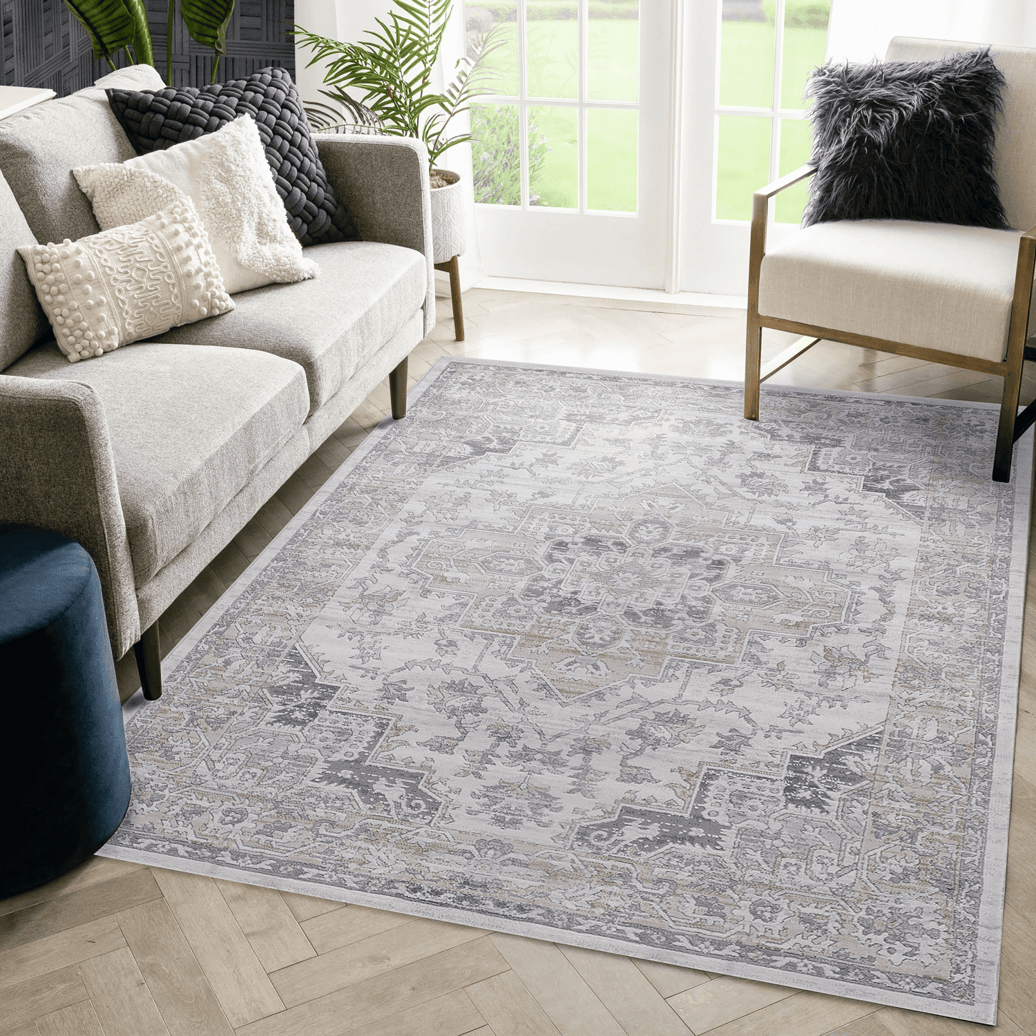 8x10ft Ivory Beige Oriental Area Rug Non-Shedding Stain Resistant Medium Pile Kid Pet Friendly Cotton Backing Rug for Living Room Bedroom Dining Home Office