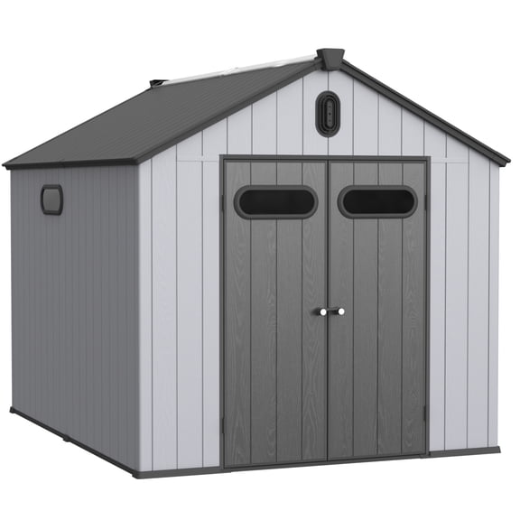 8x10ft Outdoor Resin Storage Shed, 550 cu.ft All-Weather Plastic Shed with Reinforced Floor, Lockable Doors and Vents, Gray Plastic Storage Shed for Backyard Garden Poolside