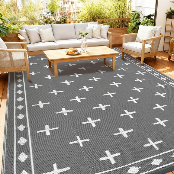 8x10ft Outdoor Rug, Reversible Waterproof Plastic Straw Patio Mat with Geometric Border Design, Camping & RV Floor Rug for Deck, Balcony, Backyard, Beach and Picnic,Grey
