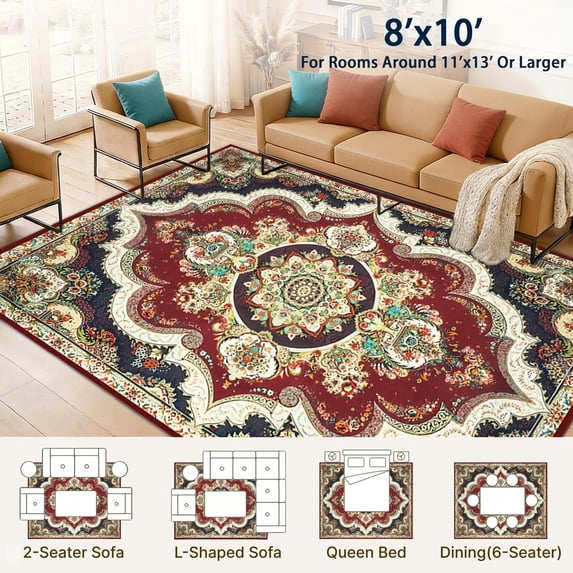 8x10ft Washable Area Rug For Living Room Vintage Boho Floral Medallion Non-slip Low Pile Indoor Carpet Bedroom Dining Home Office(red Black)