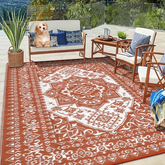 8x10ft Waterproof Reversible Outdoor Rug, Plastic Straw Patio Rug with Carry Bag & 4 Stakes, Foldable Carpet for RV, Camping, Deck, Porch, Balcony, Terracotta Orange/White