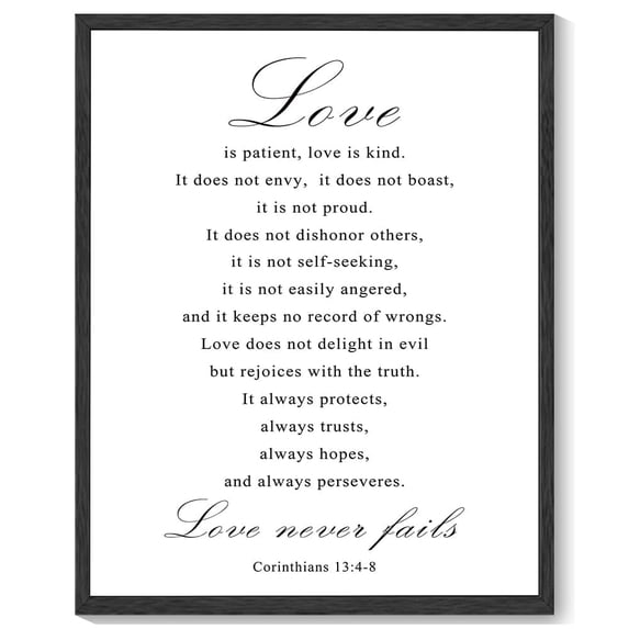 8x10in Black Framed Christian Motivational Wall Art Love is Patient Love is Kind Corinthians 13:4-8 Canvas Print Positive Scripture Painting Home Wall Decor