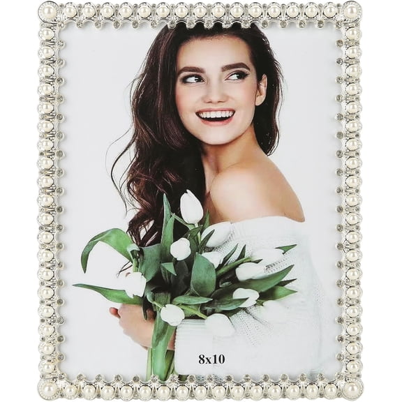 8x10in Picture Frame White Pearl Vintage Wedding Photo Frame with Glass Front | Elegant Art Decor Tabletop or Wall Display for Engagements, Anniversary, Graduation, Birthday Gifts,Horizontally & Vert