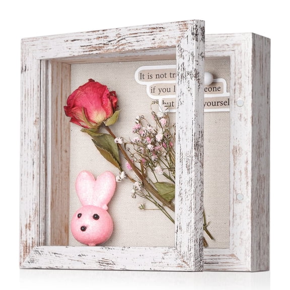 8x10in Shadow Box Frame with Linen Back - Real Glass, Push Pins Included, Sturdy Rustic Memory Display Case, Fits 6.8x8.8 Inserts, Distressed White