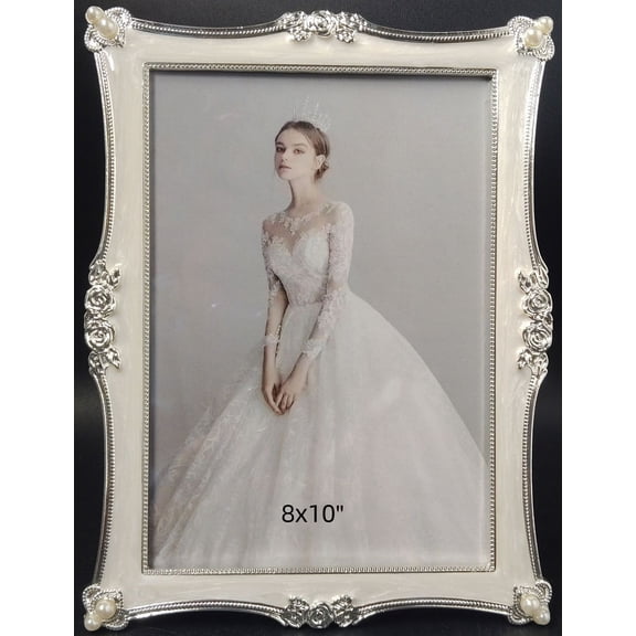 8x10in Vintage Metal Picture Frame White Pearl Photo Frame Wedding Decoration, Clear Glass Front, Unique Tabletop or Wall Display, Horizontally & Vertically,Perfect Gift Choice,white,Photo Display