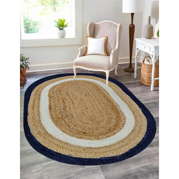 8x11 Ft Oval Beige and Navy Blue & White Jute Area Rug, Hand-Woven, Reversible, Farmhouse Boho Style, Durable & Pet-Friendly Rug for Living Room, Dining Room, and Bedroom
