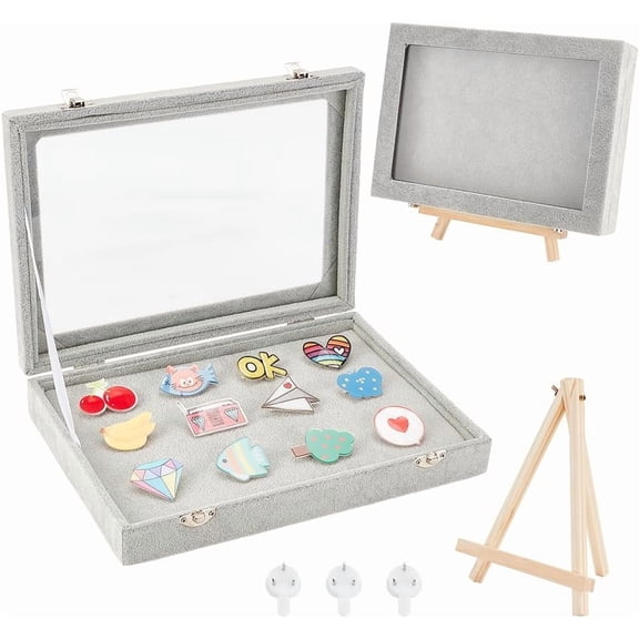 8x11inch Pin Display Case Pin Collection Display Box Wooden Badge Storage Showcase with Velvet Cover and Iron Latch Lock Silver Clear Display Holder Board Frame for Flower Pictures MedalsSilver