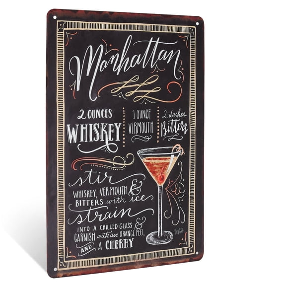 8x12 Classic Manhattan Liquor Cocktail Recipe Retro Tin Sign Home Bar Menu Wall Decor Pub Alcohol Art