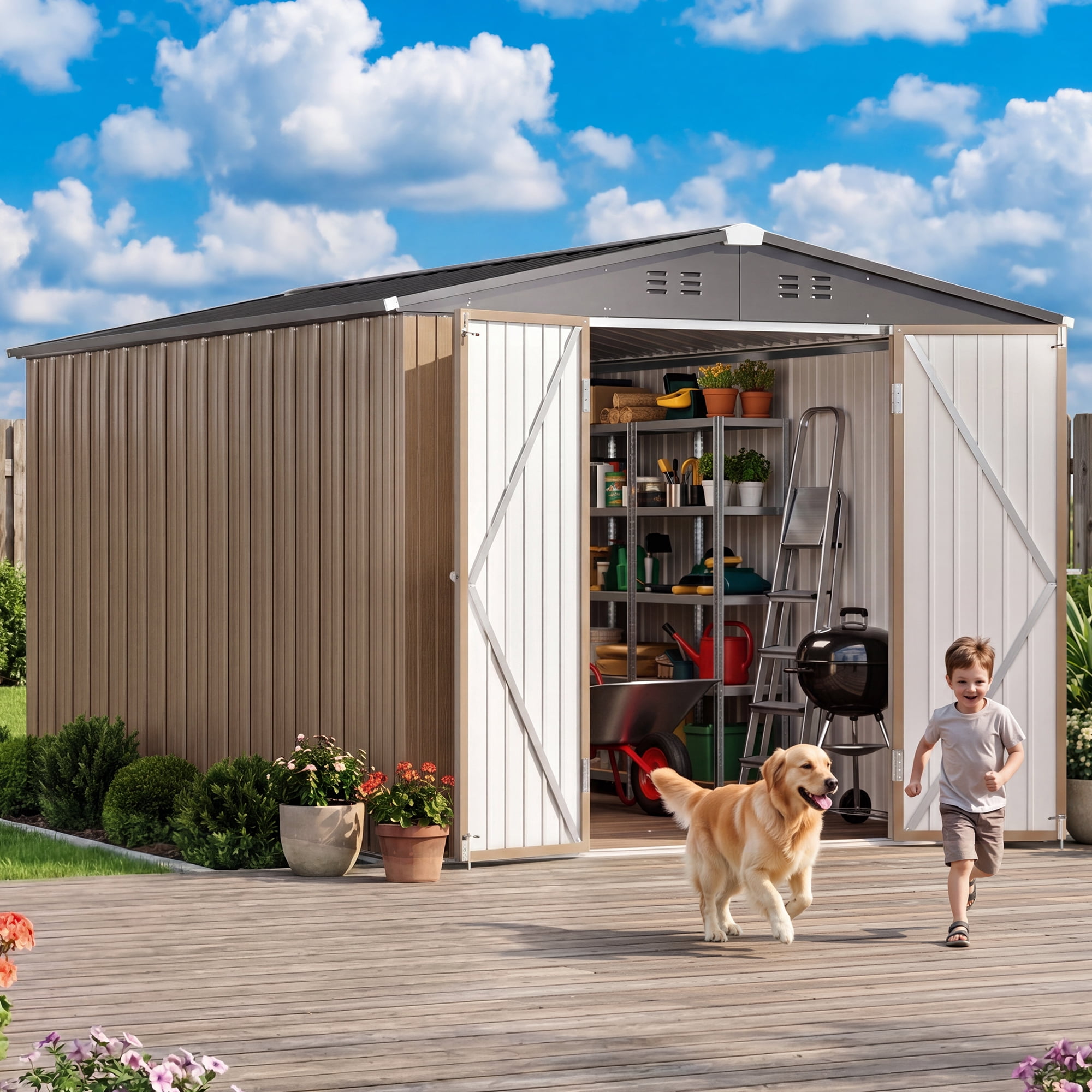 8x12 FT Outdoor Storage Shed, Lockable Double Doors w/ Lock